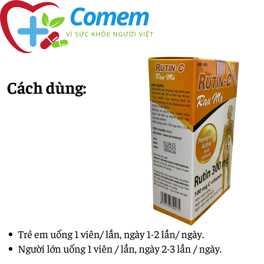 Viên uống Rutin c rau má hỗ trợ giúp nhuận tràng, giảm táo bón, hỗ trợ giảm nguy cơ bị trĩ - Hộp vỉ 30 viên