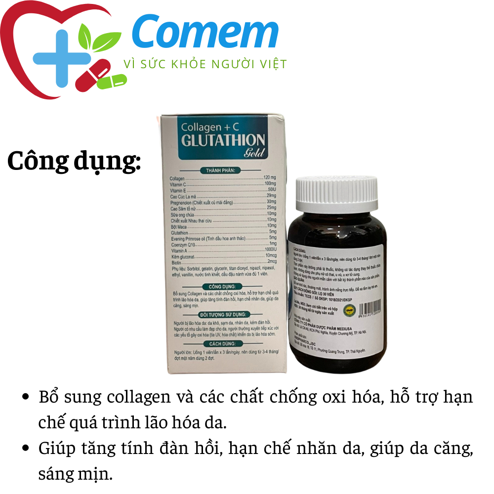 Collagen + C Glutathion Gold cung cấp độ ẩm cho da, làm đẹp da sáng da nám da vàng da chống lão hoá da