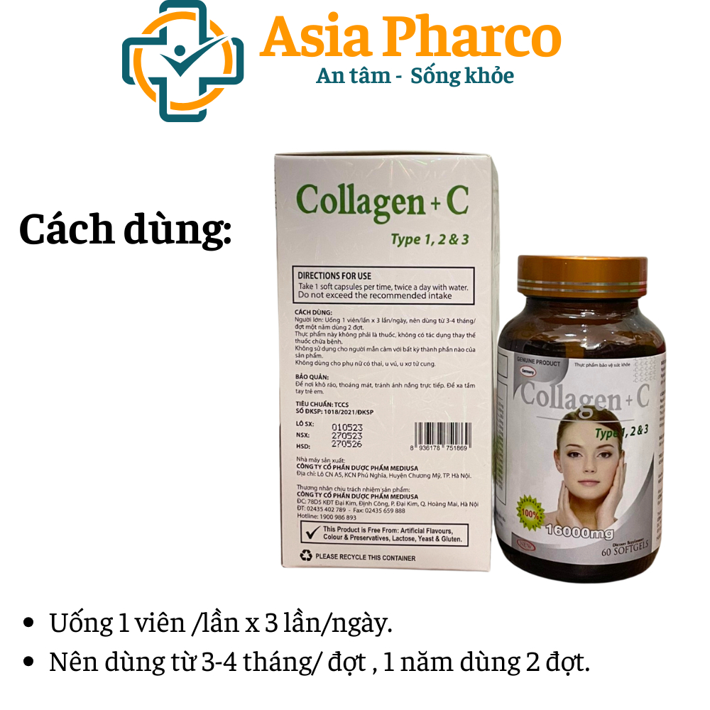 Collagen C 16000mg đẹp da, chống lão hóa, mờ thâm, trắng da Hộp 60 viên