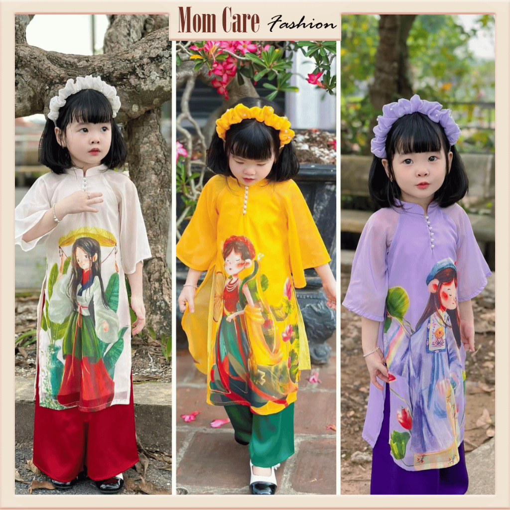 TT344  Áo dài Xuân tơ lụa cúc ngọc tay lỡ cho bé gái - MOMCARE