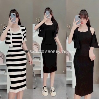 [SALES LỖ VỐN] Sét đầm ôm body 2 món siêu cưng, đầm thun dài cổ vuông hai dây + khoác ngoài ngắn tay