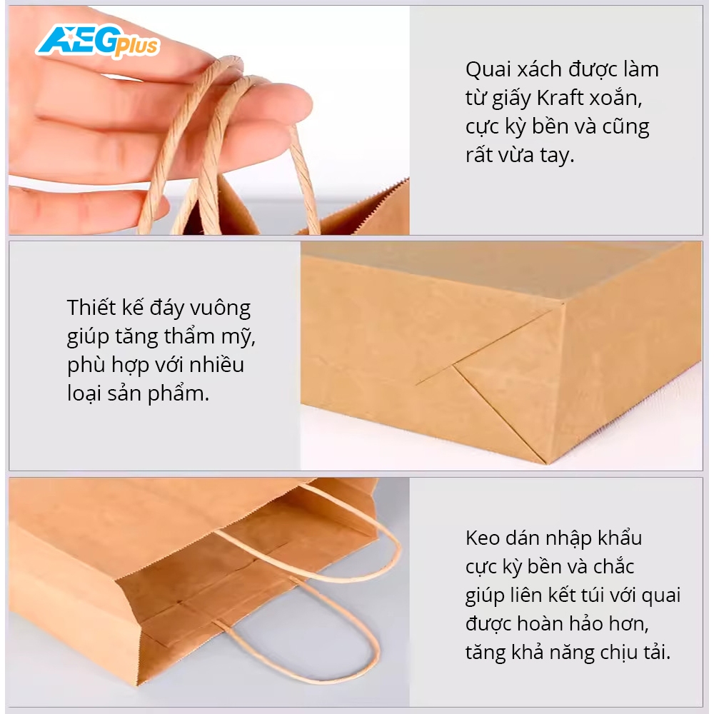 Túi giấy KRAFT Nhật nâu trơn có quai đáy vuông nhiều kích thước, túi giấy xi măng, túi giấy đựng quà tặng, túi quai