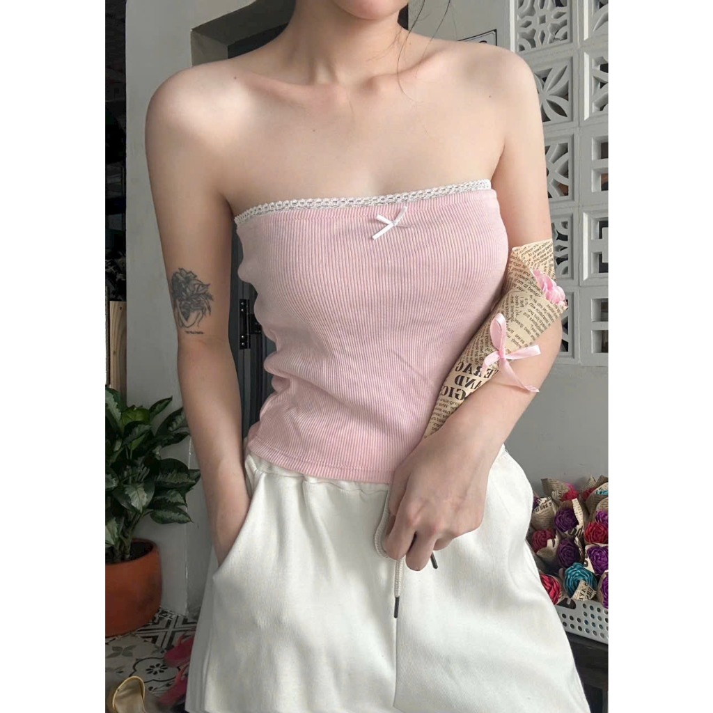 Áo Croptop Ống Quây Nơ Viền Ren