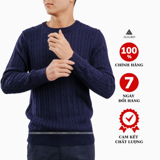 Áo len nam dài tay aligro cổ tròn 100% chất liệu len form slimfit màu navy alend029