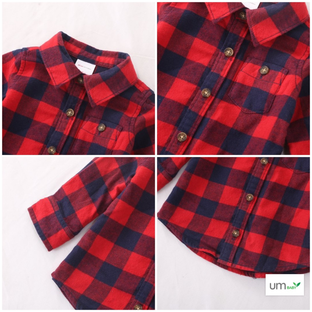 Áo sơ mi bé trai dài tay kẻ caro 3m-3 tuổi vải dạ flannel cotton màu đỏ xanh vàng noel áo sơ mi bé trai xuất dư Hanna