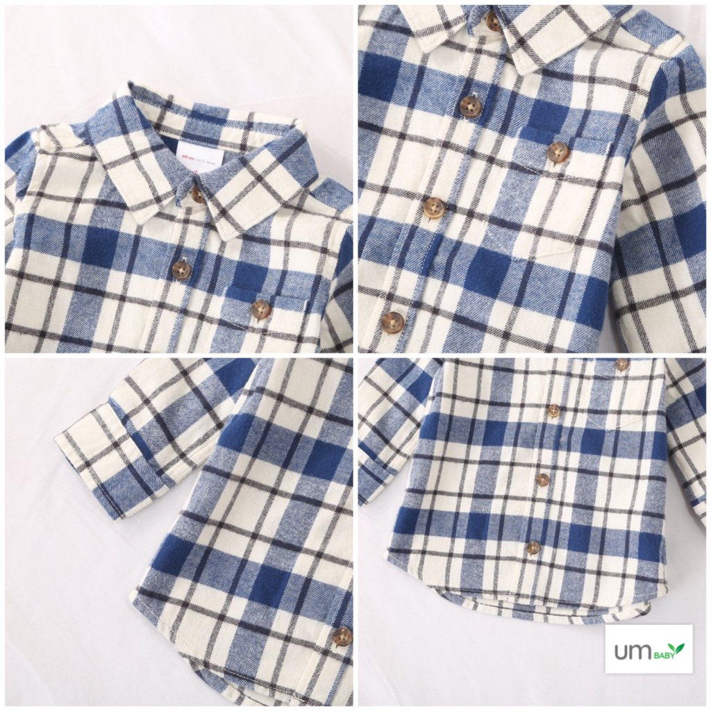 Áo sơ mi bé trai dài tay kẻ caro 3m-3 tuổi vải dạ flannel cotton màu đỏ xanh vàng noel áo sơ mi bé trai xuất dư Hanna