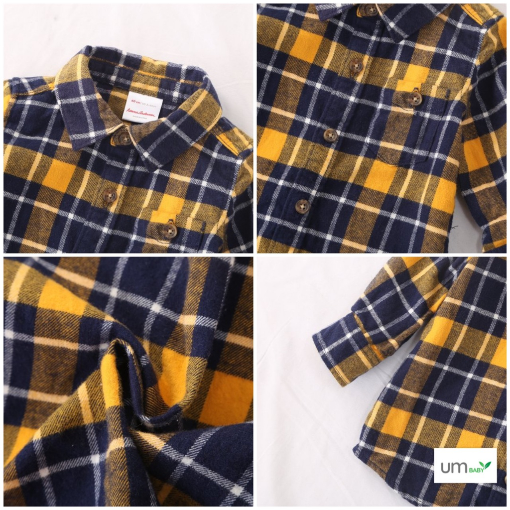 Áo sơ mi bé trai dài tay kẻ caro 3m-3 tuổi vải dạ flannel cotton màu đỏ xanh vàng noel áo sơ mi bé trai xuất dư Hanna