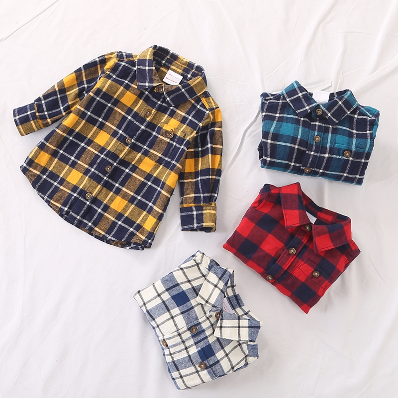 Áo sơ mi bé trai dài tay kẻ caro 3m-3 tuổi vải dạ flannel cotton màu đỏ xanh vàng noel áo sơ mi bé trai xuất dư Hanna