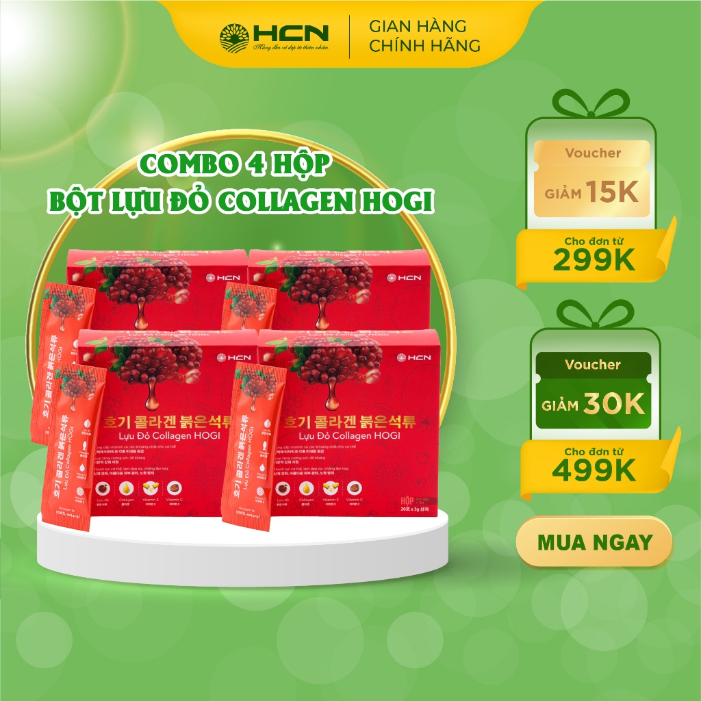 Combo 4 Hộp Bột Lựu Đỏ Hogi Collagen Làm Đẹp Da, Bổ Sung Vitamin Cho Cơ Thể Hộp 20 Gói