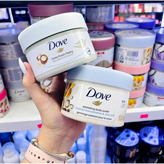 Tẩy tế bào da chết dove body Scrub Exfoliating Body Polish Macca lựu đỏ Giúp Da Mịn Màng bản Đức 225 gram