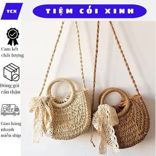 Túi cói bán nguyệt nơ ren đi biển vintage cho nữ
