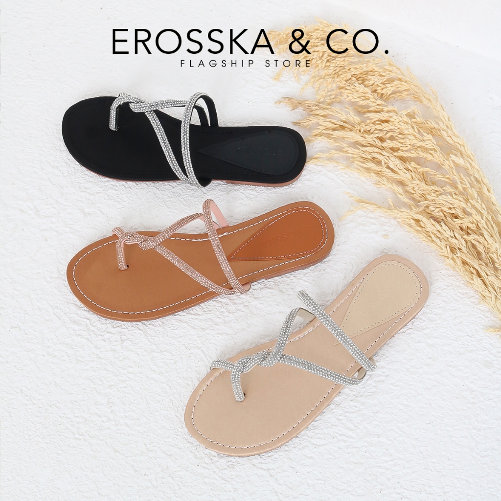 Erosska - Dép nữ thời trang xỏ ngón phối dây đế bằng kiểu dáng basic màu nâu nhạt - EN014