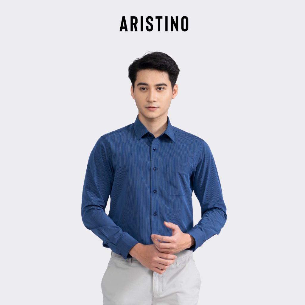 Áo sơ mi nam dài tay ARISTINO phom Regular fit, thiết kế tà lượn, có túi, màu xanh tím than kẻ dobby lịch lãm - ALS28502