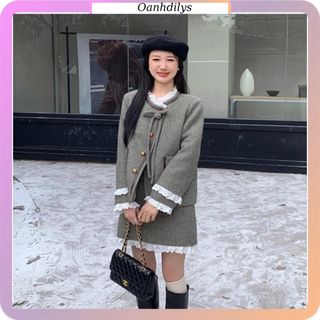 Sét áo dạ và chân váy dạ viền bèo, áo khoác dạ dài tay hàng order Taobao nhà Oanhdilys