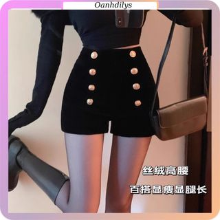 Quần đùi nữ nhung đính khuy đồng, quần short cạp cao đính khuy hàng order Taobao nhà Oanhdilys