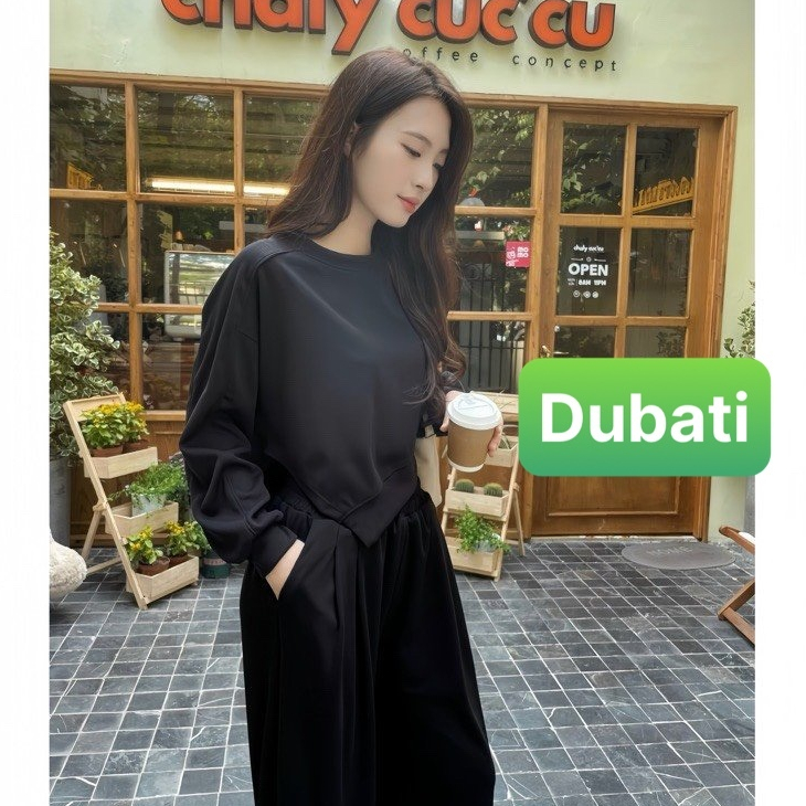 SET BỘ ÁO DÀI TAY CHẤT NỈ TĂM VẠT NHỌN ÁO CROPTOP THỜI TRANG MÙA ĐÔNG - DUBATI FASHION