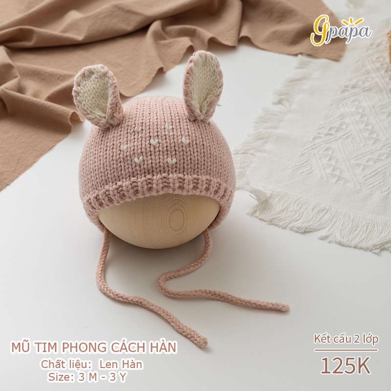 Mũ Tim Phong Cách Hàn Chất Liệu Len Hàn Size 3M-3Y Với 4 màu be, hồng, đỏ, nâu  mẹ có thể thoải mái lựa chọn cho bé