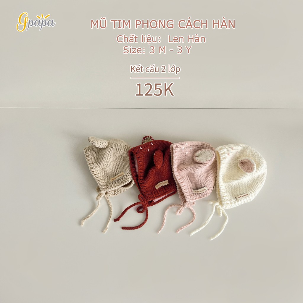 Mũ Tim Phong Cách Hàn Chất Liệu Len Hàn Size 3M-3Y Với 4 màu be, hồng, đỏ, nâu  mẹ có thể thoải mái lựa chọn cho bé