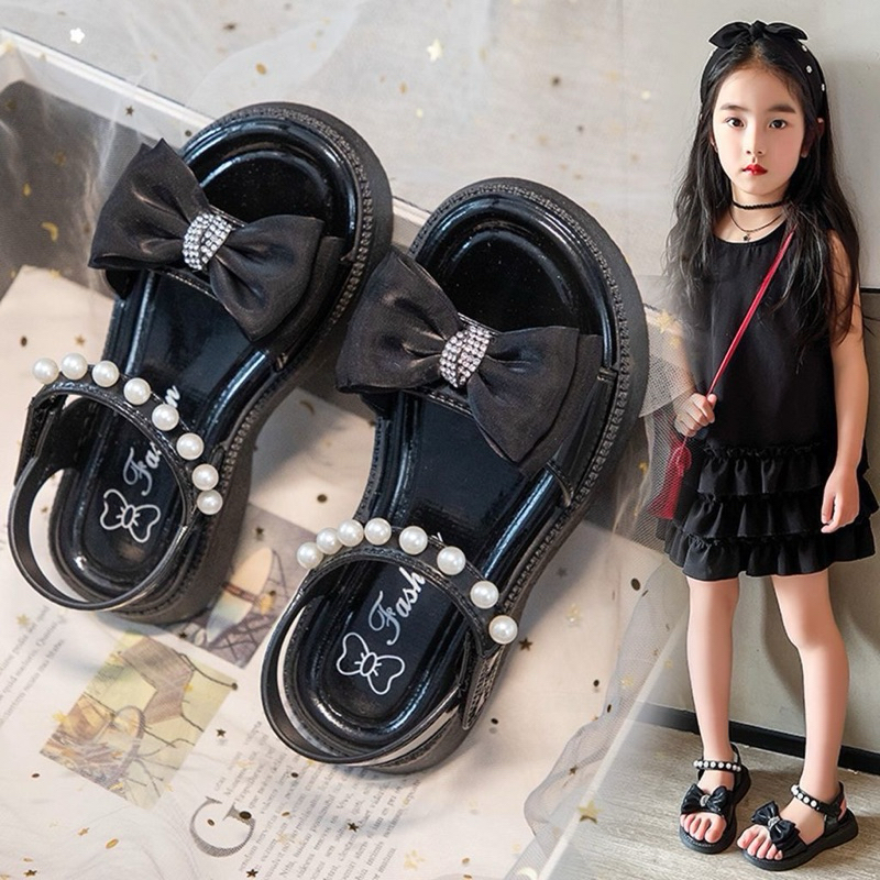 Sandal quai ngọc gắn nơ siêu xinh cho bé gái từ 4 đến 12 tuổi chất liệu nhựa mềm êm đế chống trơn trượt