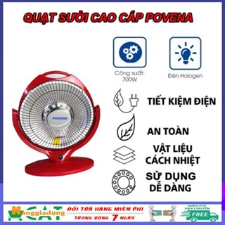 Quạt sưởi Povena halogen công suất 700w, Máy sưởi mini để bản 2 chế độ sưởi, Đèn sưởi nhà tắm làm nóng nhanh