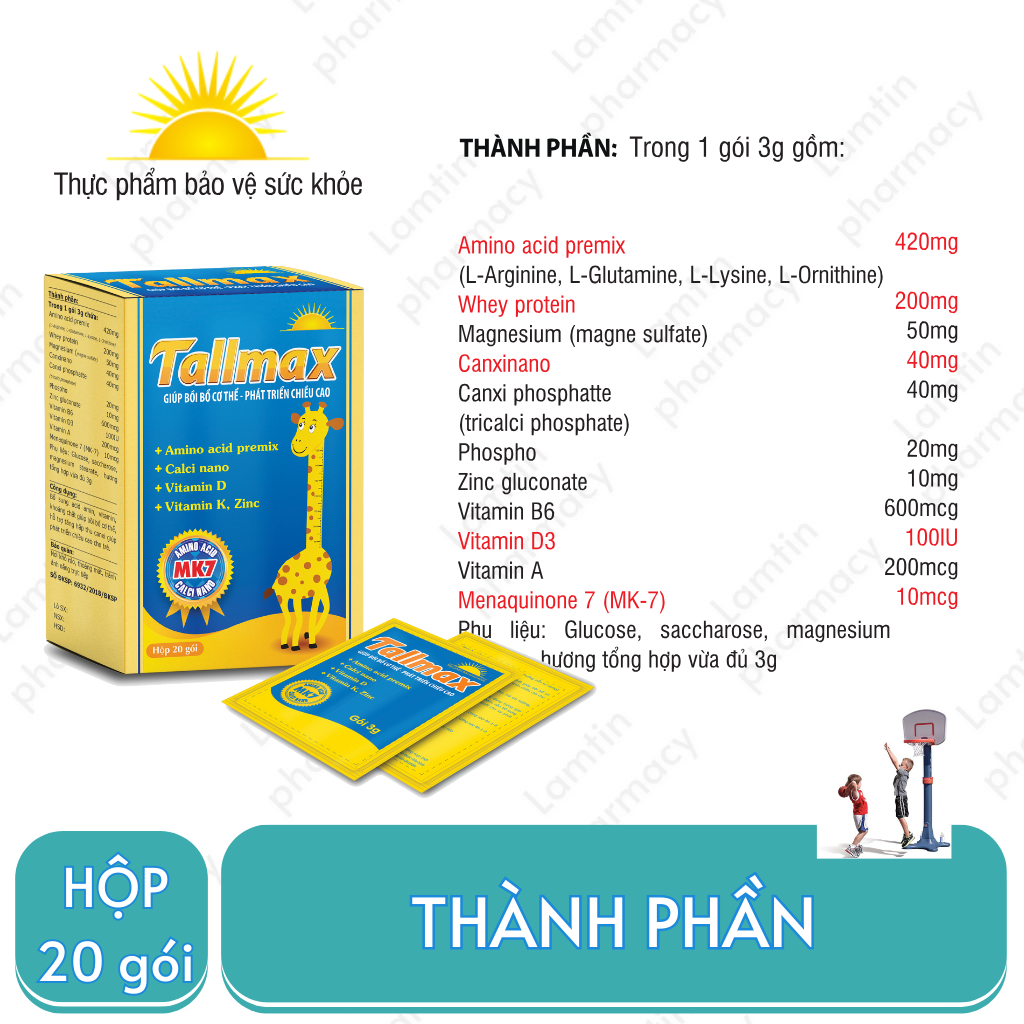 ✔ Tallmax Cùng trẻ cao lớn mỗi ngày Bổ sung acid amin vitamin khoáng chất - H20 gói