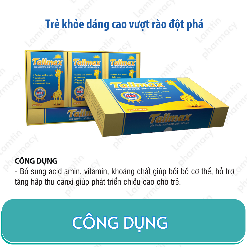✔ Tallmax Cùng trẻ cao lớn mỗi ngày Bổ sung acid amin vitamin khoáng chất - H20 gói