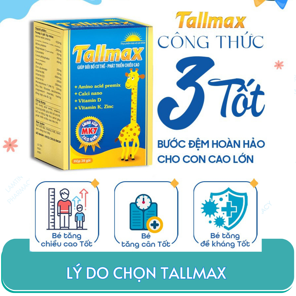 ✔ Tallmax Cùng trẻ cao lớn mỗi ngày Bổ sung acid amin vitamin khoáng chất - H20 gói