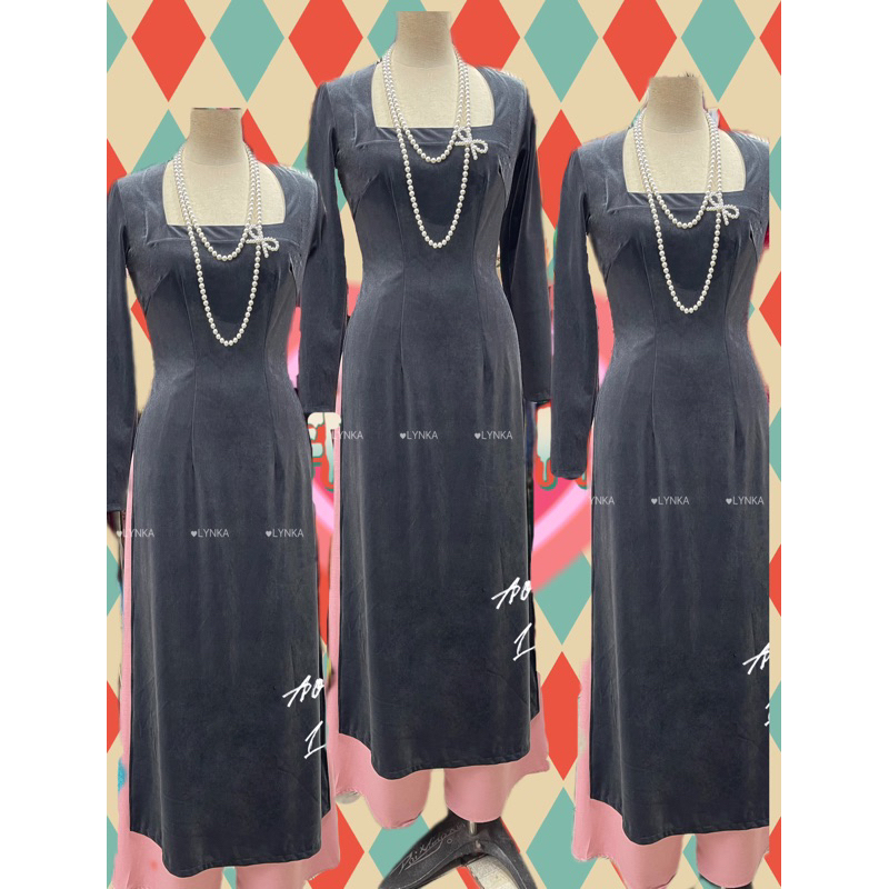 N03-Áo dài Nhung cổ vuông kèm ảnh thật/ Áo dài Lynka88