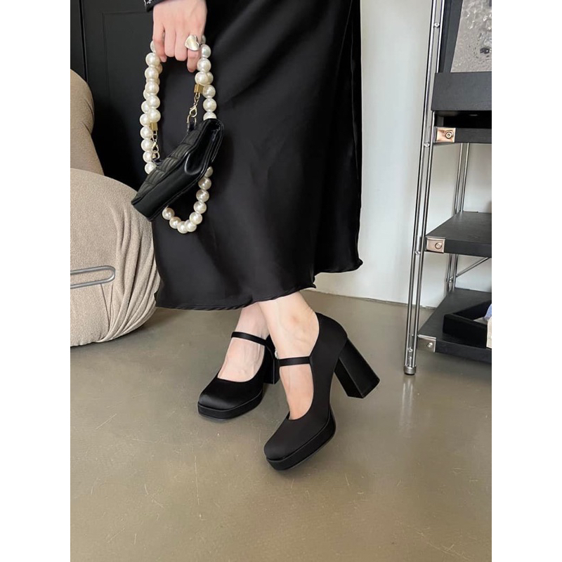 Giày Mary Jane lụa satin đế đúp quai hoa đá - Bunny Shoes