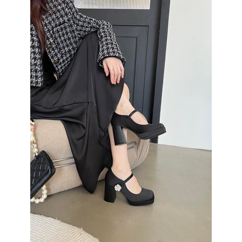 Giày Mary Jane lụa satin đế đúp quai hoa đá - Bunny Shoes