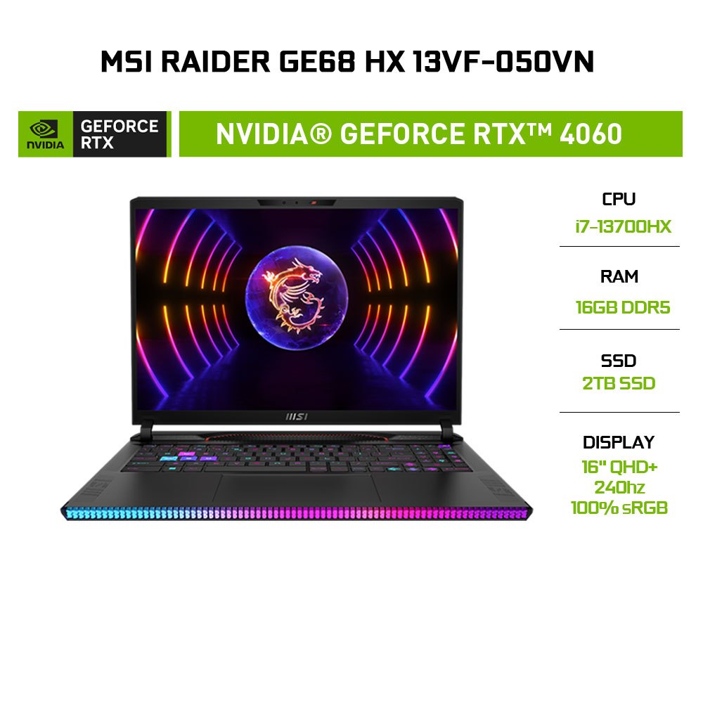 Laptop MSI Raider GE68 HX 13VF-050VN i7-13700HX | 16GB | 2TB | GeForce RTX™ 4060 8GB | 16' QHD 240Hz | Win 11