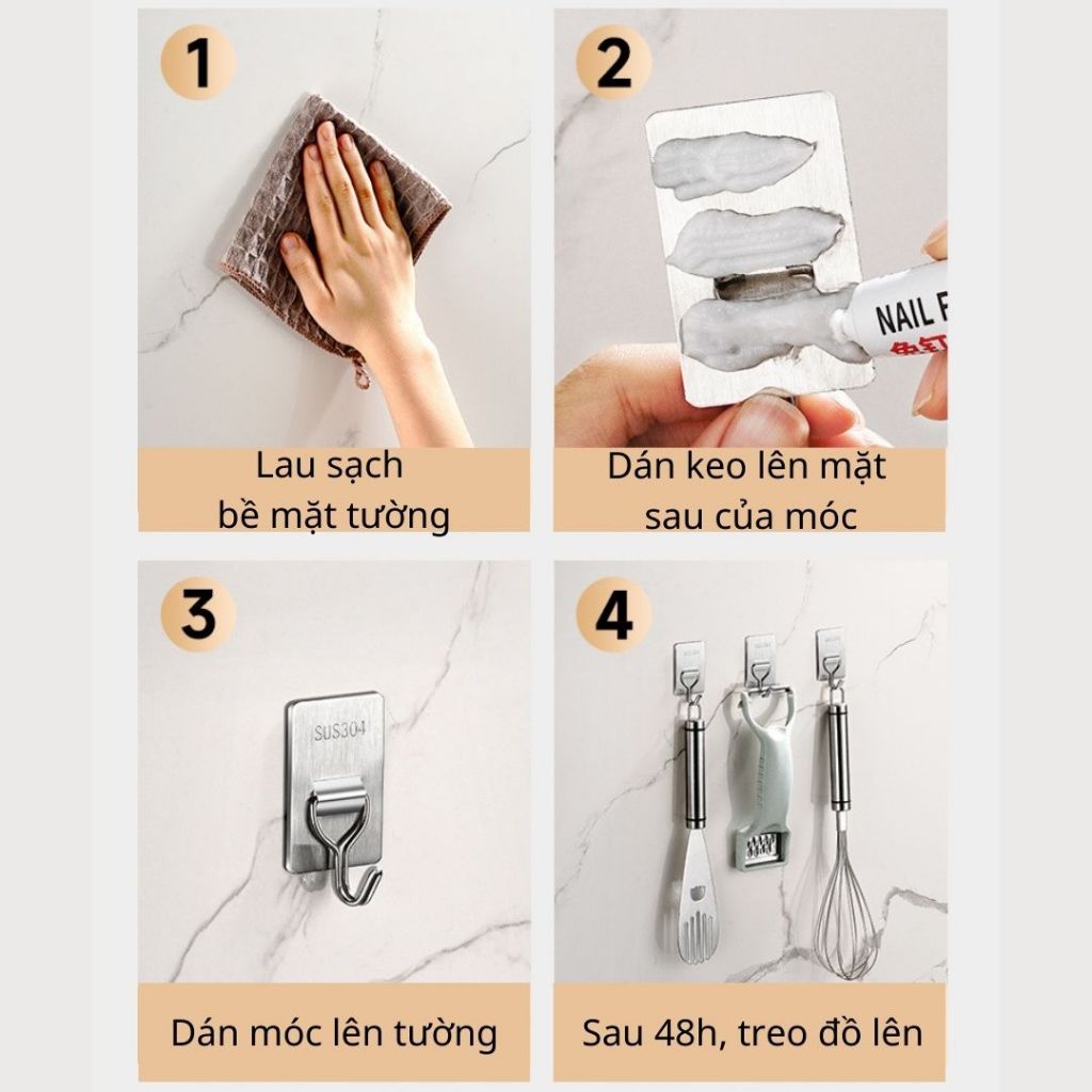 Móc Dán Tường Chịu Lực 5KG Bằng Inox 304 Cao Cấp Không Cần Khoan Tặng 1 Kèm Keo Dán Siêu Dính/ Miếng Dán 3M