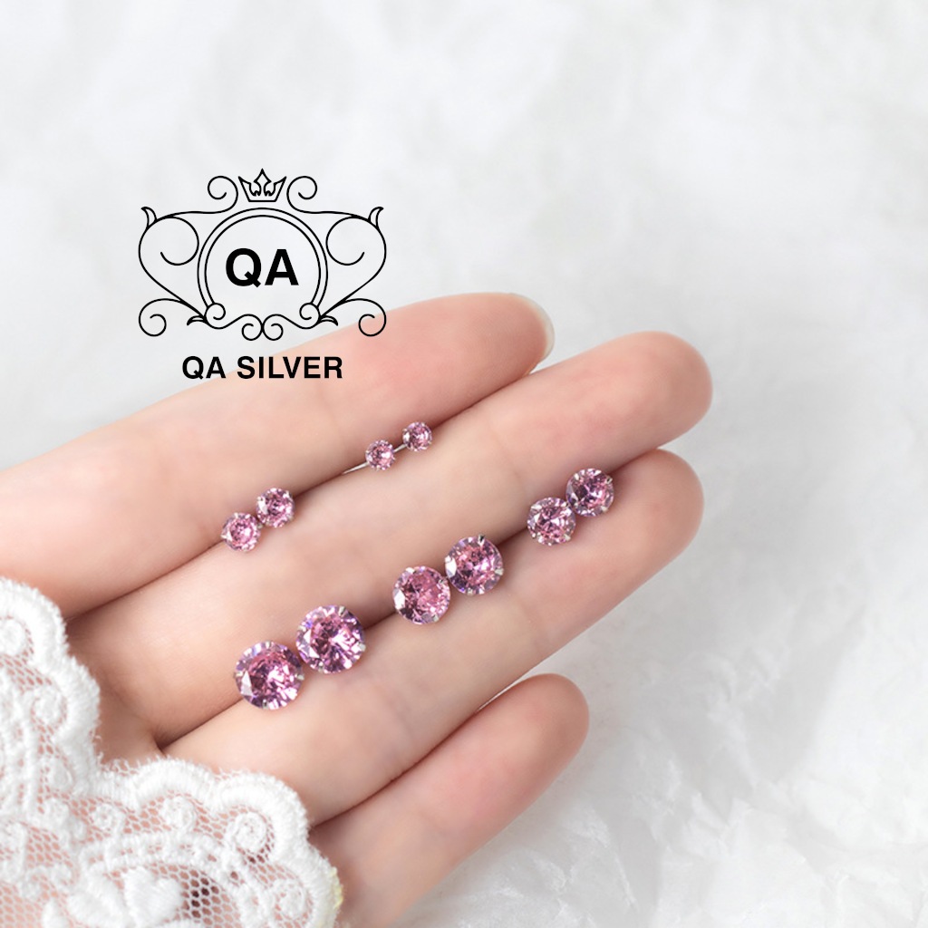 Khuyên tai bạc 925 nụ đính đá hồng tím bông nam nữ unisex S925 PINK QA SILVER Earrings EA231102