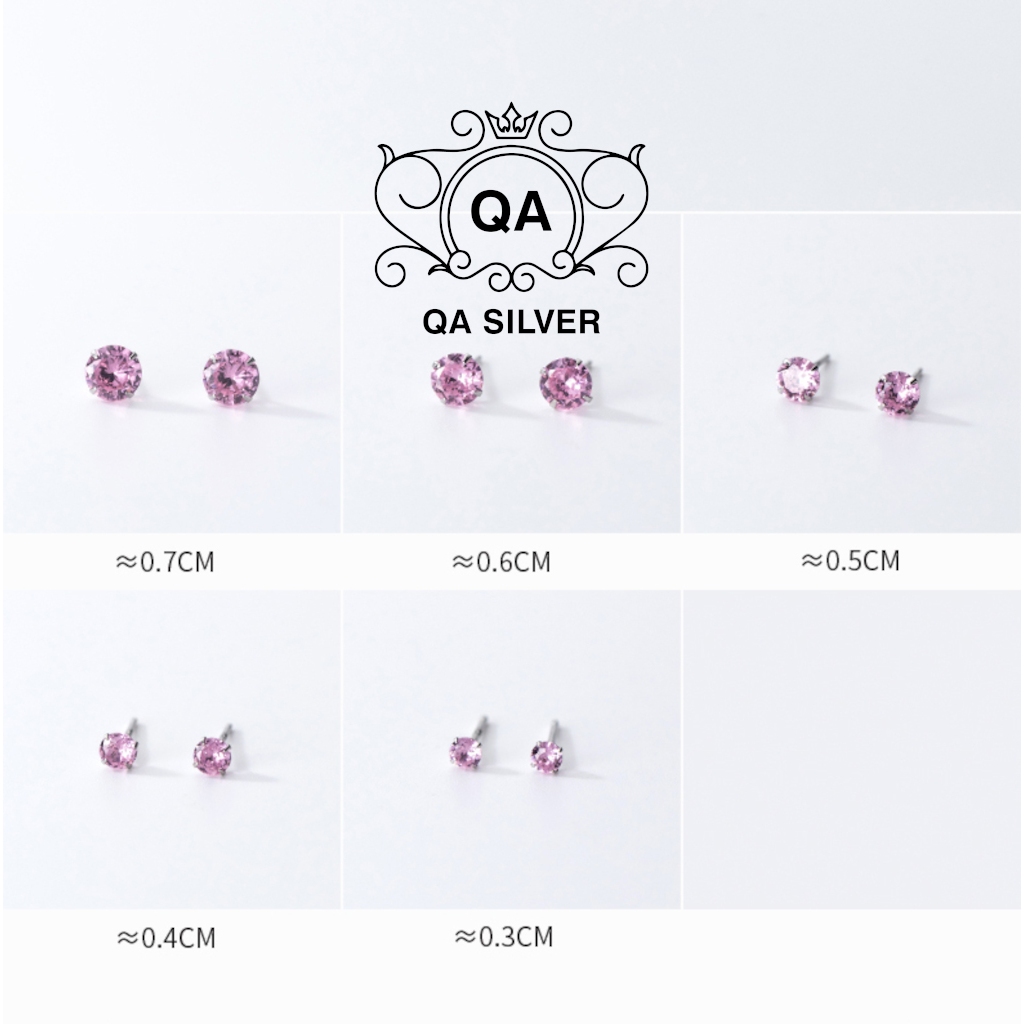 Khuyên tai bạc 925 nụ đính đá hồng tím bông nam nữ unisex S925 PINK QA SILVER Earrings EA231102