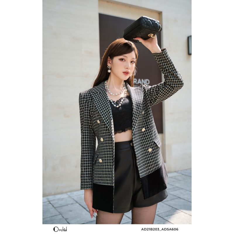 Áo khoác vest dạ tweed kẻ đen trắng Orchid - AD21B203