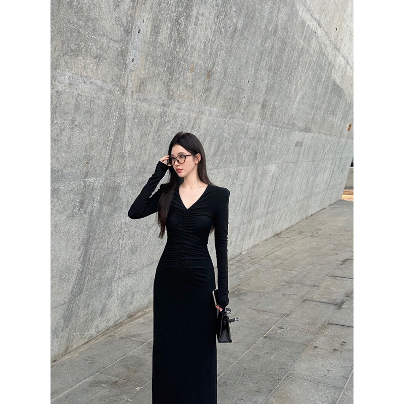 ĐẦM MIDI BODY ĐEN NHÚN EO