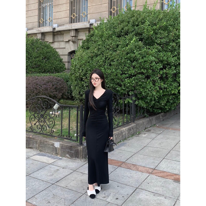 ĐẦM MIDI BODY ĐEN NHÚN EO