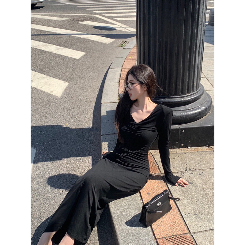 ĐẦM MIDI BODY ĐEN NHÚN EO