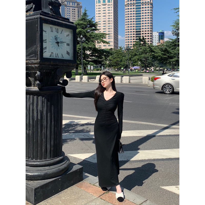 ĐẦM MIDI BODY ĐEN NHÚN EO