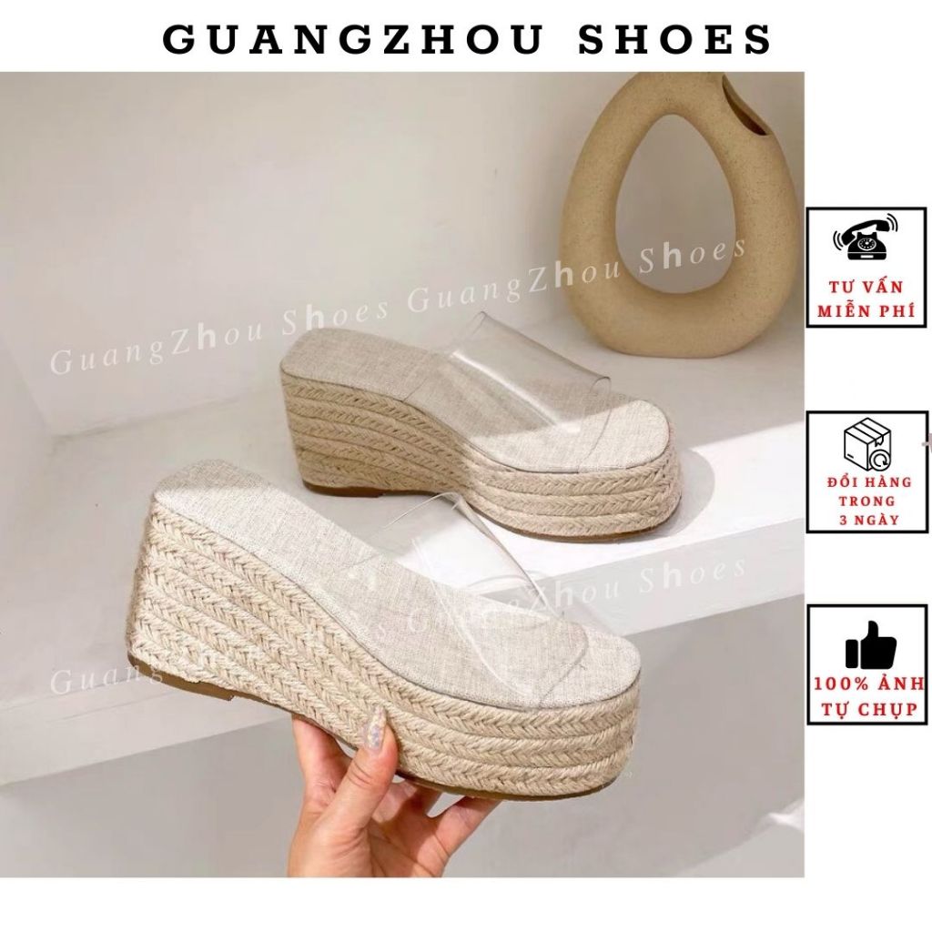 Dép nữ đế xuồng cói quai mica trong 6cm fullbox