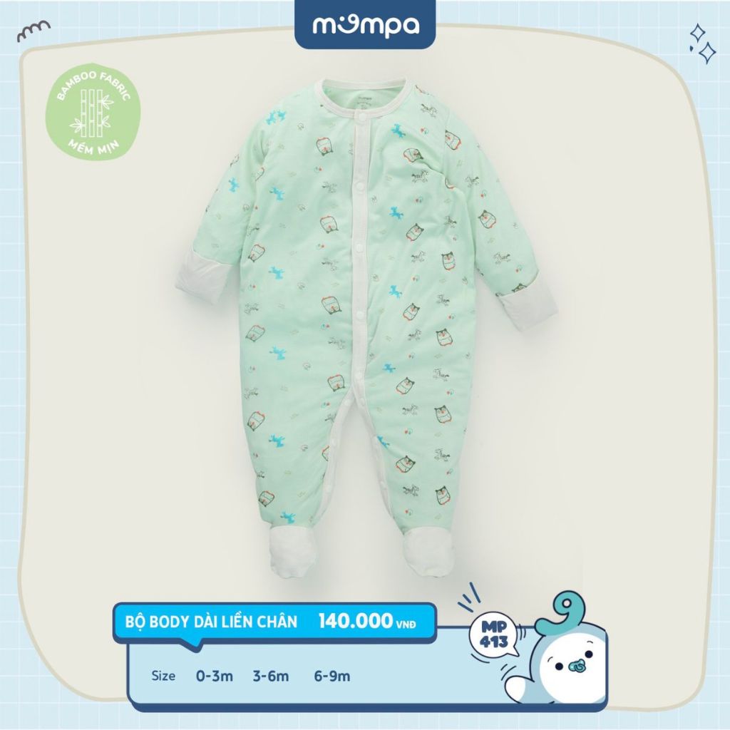 Bodysuit sơ sinh cho bé Mompa 0 - 9 tháng liền chân lộn tay cúc giữa vải Sợi tre Bamboo dài tay ấm áp thoáng khí 413