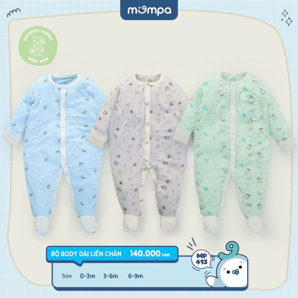 Bodysuit sơ sinh cho bé Mompa 0 - 9 tháng liền chân lộn tay cúc giữa vải Sợi tre Bamboo dài tay ấm áp thoáng khí 413