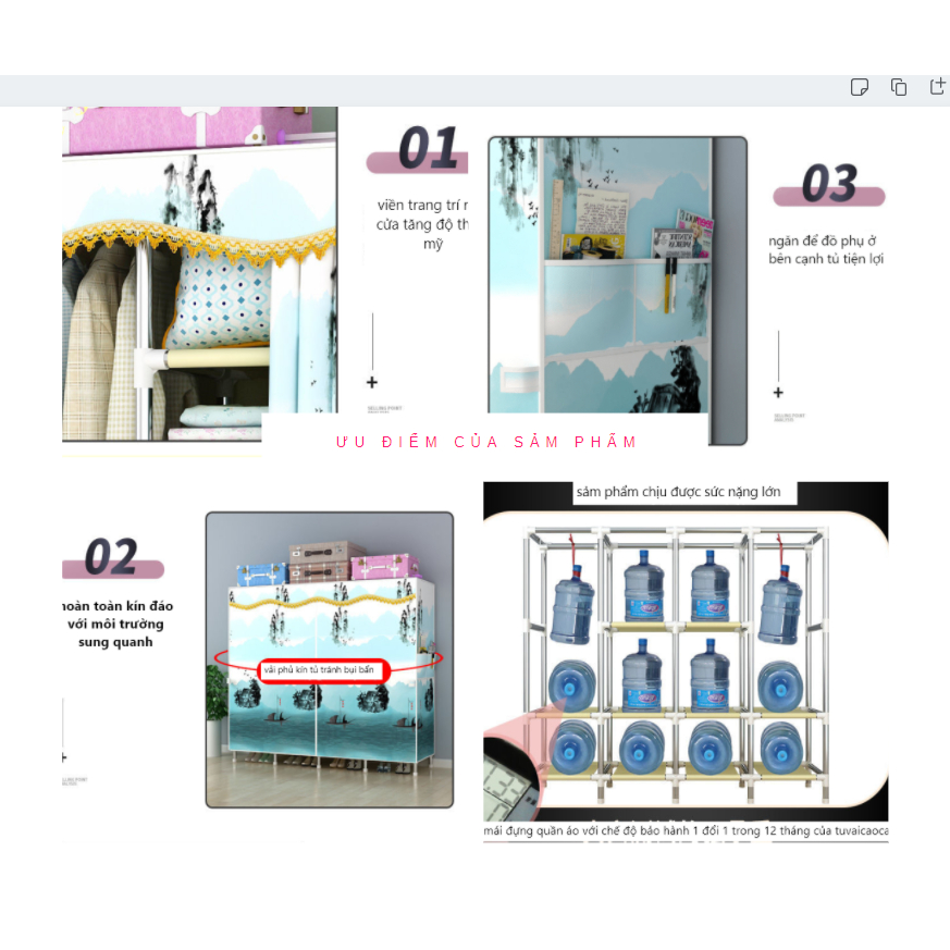 Tủ Quần Áo Tủ vải Treo Quần Áo LÓT VẢI 3 Buồng Đựng Quần Áo Khung Thép Vải Cotton Chắc Chắn Tháo Lắp Đa Năng