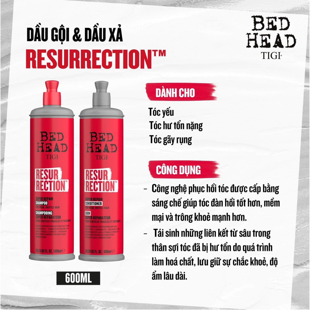 Cặp dầu gội xả tái sinh siêu phục hồi Tigi Bed Head Resurrection Supper Repair 600ML, tigi đỏ