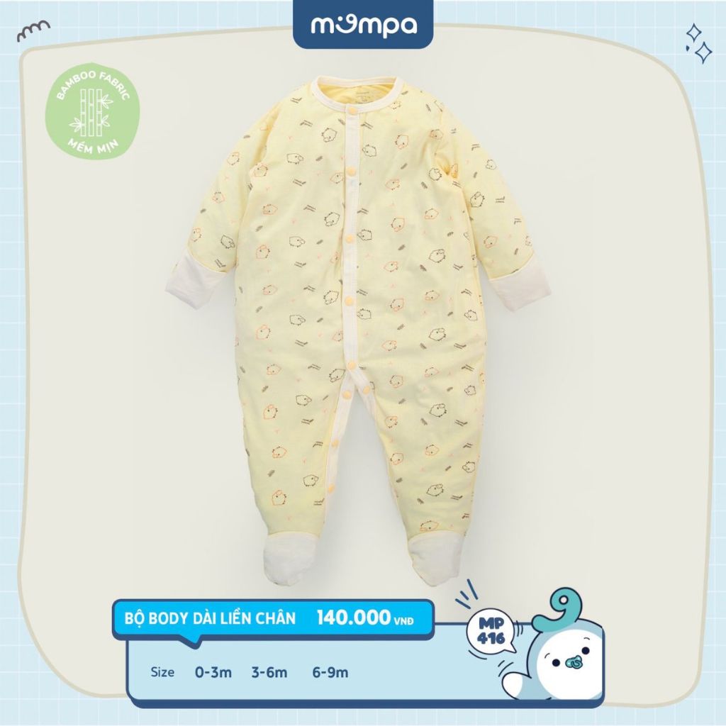 Bodysuit sơ sinh cho bé Mompa 0 - 9 tháng liền chân lộn tay cúc giữa vải Sợi tre Bamboo dài tay ấm áp thoáng khí 416