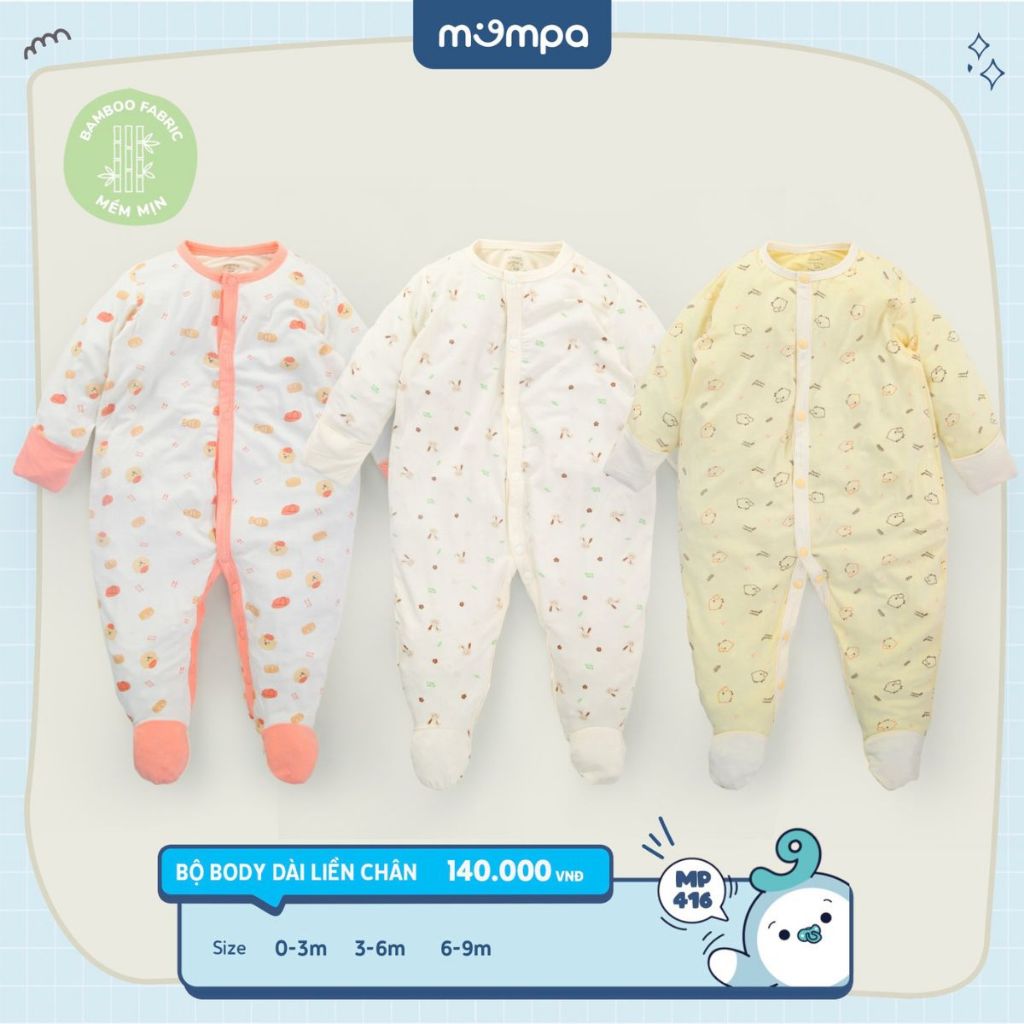 Bodysuit sơ sinh cho bé Mompa 0 - 9 tháng liền chân lộn tay cúc giữa vải Sợi tre Bamboo dài tay ấm áp thoáng khí 416