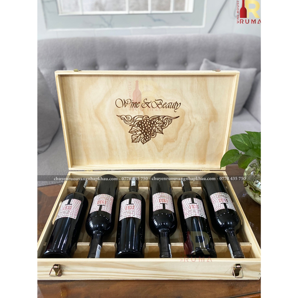 Quà tặng hộp gỗ 6 chai rượu vang Ý 1933 Semi nhập khẩu