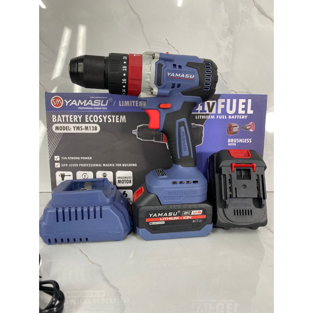 Máy khoan bắt vít Pin 21V YAMASU YMS-M13B đầu 13mm với 3 chế độ khoan và 2 tốc độ lực