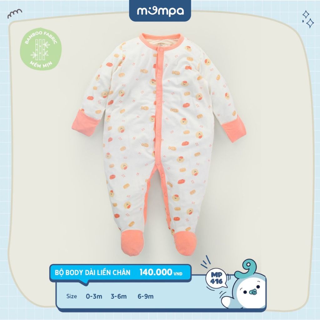 Bodysuit cho bé sơ sinh Mompa 0 đến 9 tháng liền chân lộn tay cúc giữa vải Sợi tre Bamboo mềm mịn co giãn MP 416