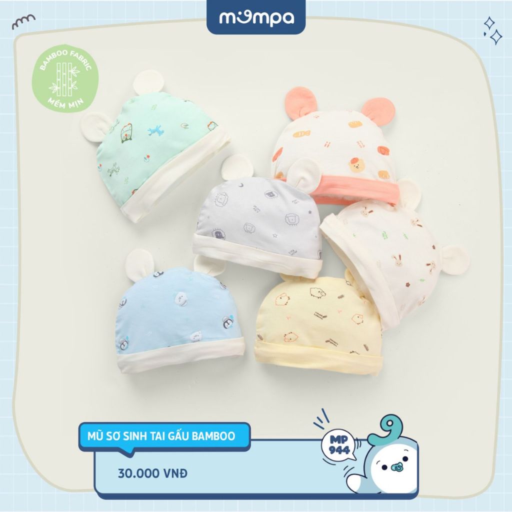 Mũ sơ sinh cho bé Mompa tai gấu vải Sợi tre Bamboo mềm mại co giãn thoáng khí hoạt tiết đáng yêu MP 944
